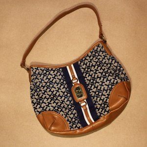 Women's Tommy Hilfiger Monogram Bag / Purse | Navy Beige Brown Faux Leather Gold